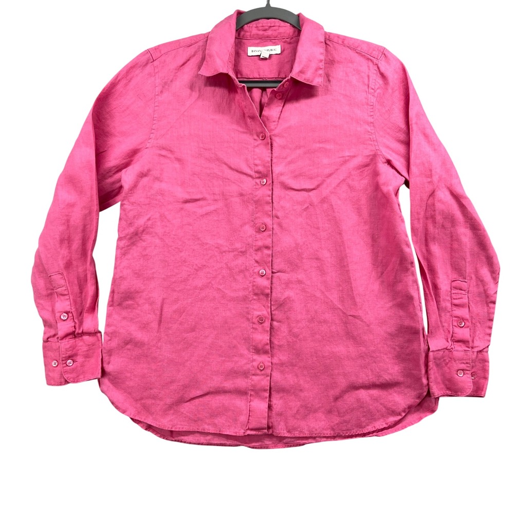 Banana Republic Linen Shirt Women M Pink Button Up Coastal Classic Long Sleeve